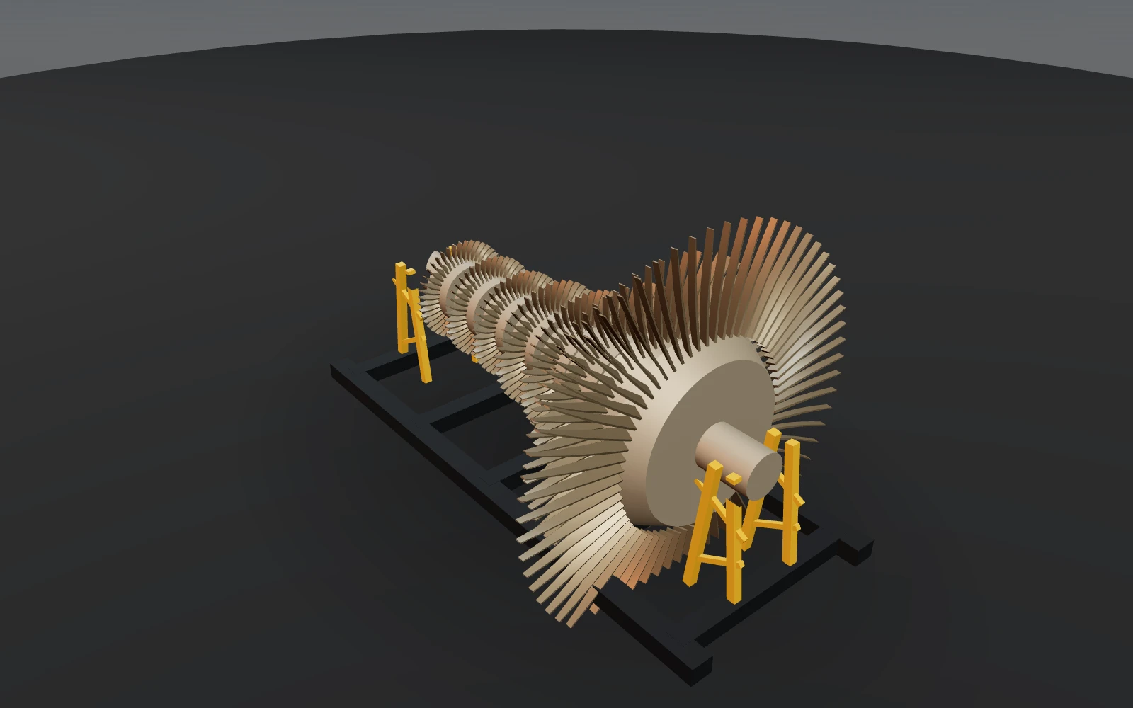 Montierter Turbinenläufer auf gelben Gitterböcken: gestaffelte Schaufelräder auf der Welle, geöffnetes Gehäuse und Roboterarme am Maschinenrahmen (Visualisierung, Beispielinhalt).