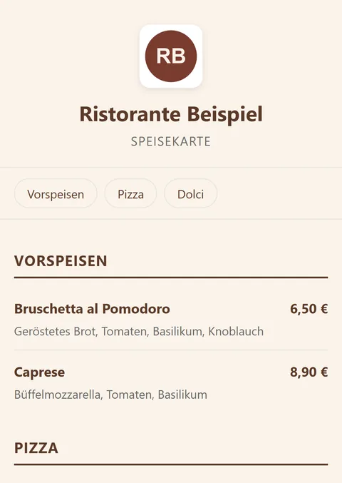 Echter Screenshot der Online-Speisekarte auf dem Handy, direkt nach dem Scannen des QR-Codes